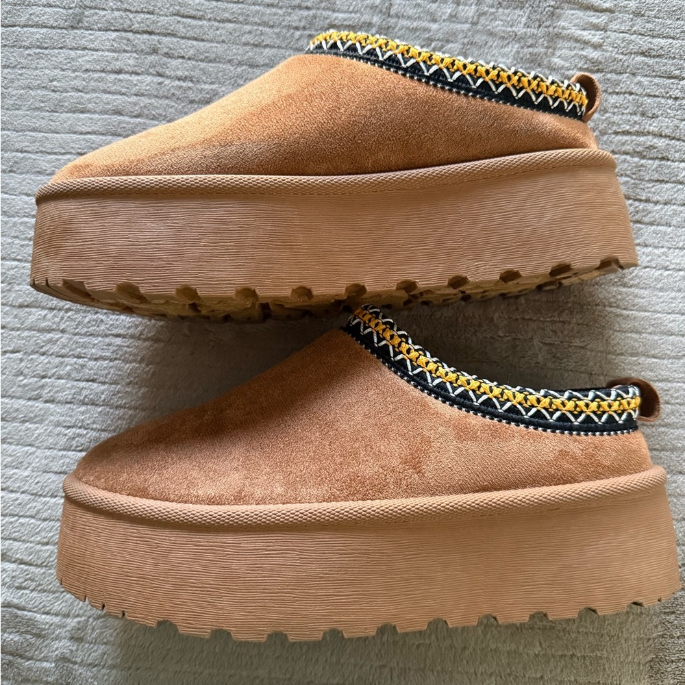 Mudd Brown Platform Mules with Black and Yellow Accents